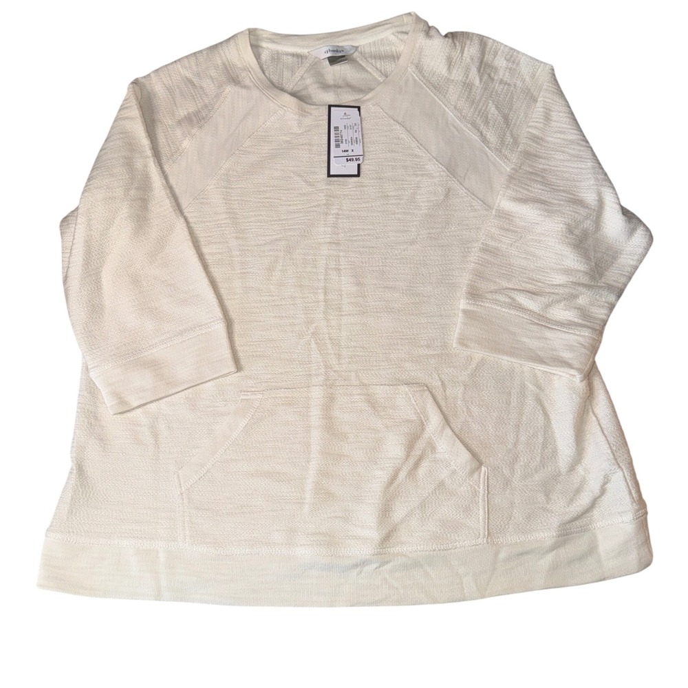 CJ Banks Sweatshirt 14W X Ivory Textured Slub Knit Kangaroo Pocket Raglan Sleeve